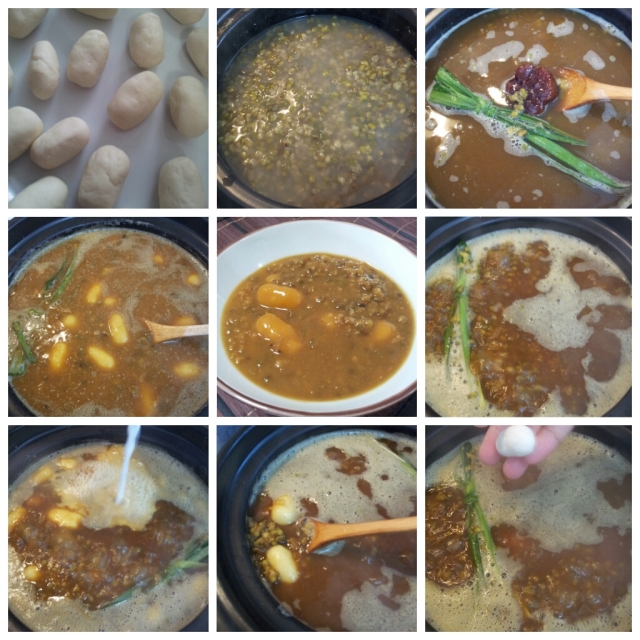 Clockwise from top-left: Making Bubur Kacang Hijau